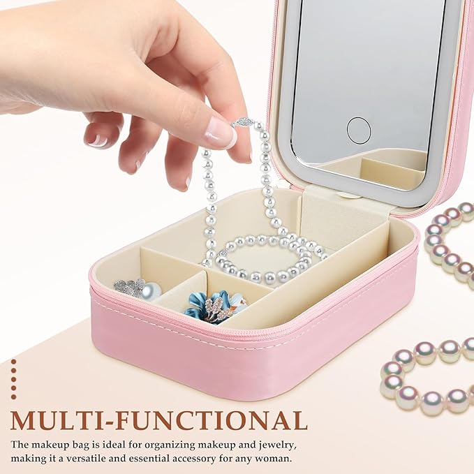Adjustable Brightness Travel Makeup Case with LED Lighted Mirror Compact Small Organizer Bag with Divided Storage for Makeup and Jewelry Portable Rechargeable Vanity Box for Women