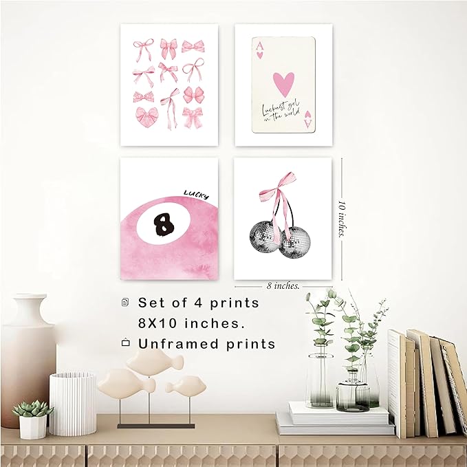 okaxscm Pink Coquette Trendy Preppy Wall Art Prints Set of 4, Coquette Room Decor, Preppy Room Decor Aesthetic, Pink Bow Disco 8 Ball Cherry Wall Decor Posters for Girls Bedroom Dorm, 8x10 Unframed
