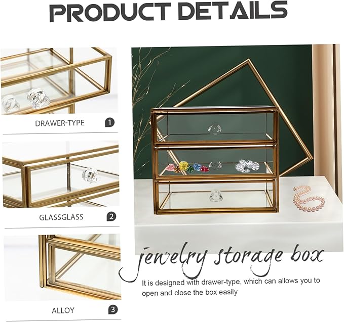 Uonlytech Transparent Glass Jewelry Storage Box with Alloy Frame Large Capacity Desktop Organizer for Cosmetics Lipstick Nail Polish Multipurpose Makeup and Accessories Holder for Home and
