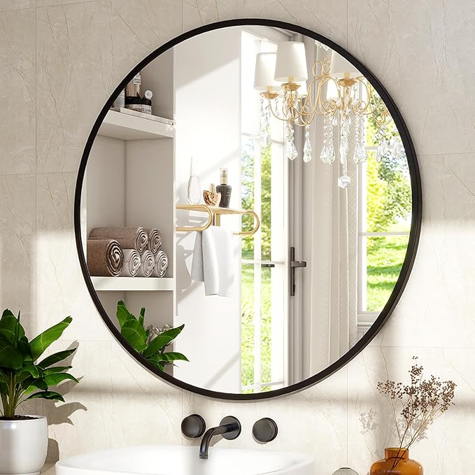 XRAMFY 36 Inch Round Mirror - Circle Mirrors for Bathroom, Entryway and Living Room Wall Decor, Modern Hanging Vanity Mirror, Matte Black Circle Decorative Wall Mirror