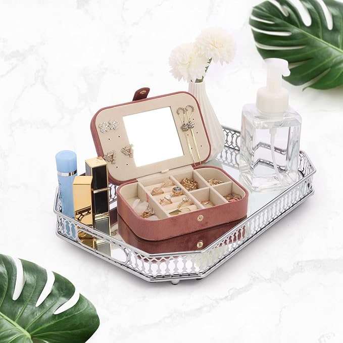 Perfume Vanity Mirror Tray - Durable Decorative Organizer for Dresser, Bedroom, Bathroom Countertops - Spacious 13.8x9.6x2.2 Inches, Scratch-Resistant - Silver