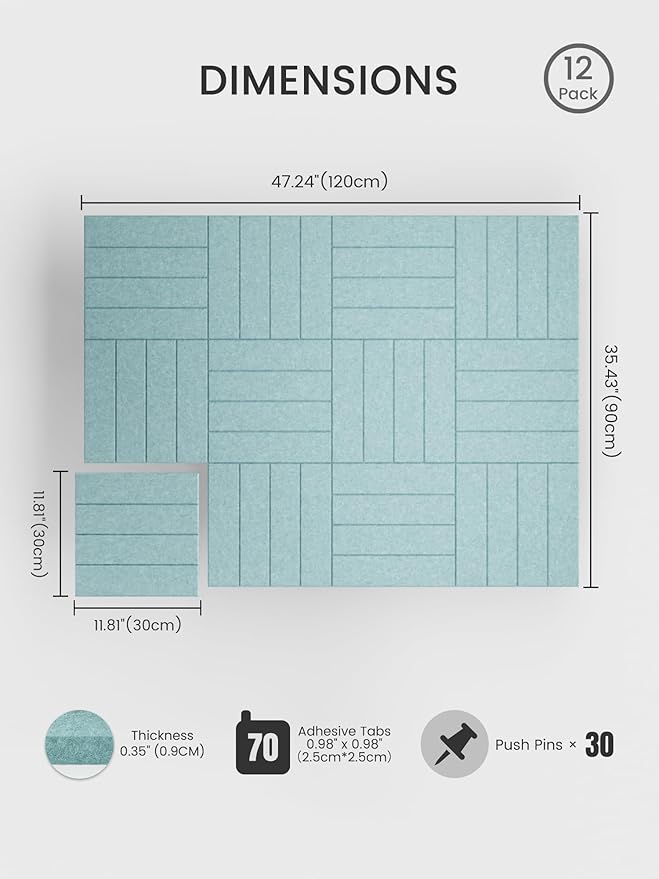 Bumusty Large Cork Board Alternative-48 x 36" Felt Bulletin Board Tiles, with 30 Pushpins, 70 Adhesive Tabs, Bold-Stripe 12-Pack, Cork Boards for Office Push Pin Board Felt Board-Aqua Blue