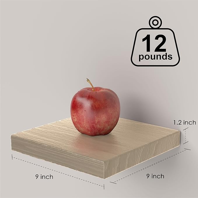PopiShelves Small Floating Shelves for Wall - 9 Inch Square Natural Wood Shelves for Bedroom, Living Room, Bathroom, Kitchen, Office Decor Set of 3