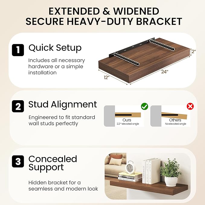 30Inch Walnut Floating Shelves for Wall, 12 Inch Deep Shelves for Bedroom, Kitchen, Bathroom Wall Mounted, Rustic Wood Floating Shelf with Invisible Brackets for Books, Storage, Decor, 2 Packs