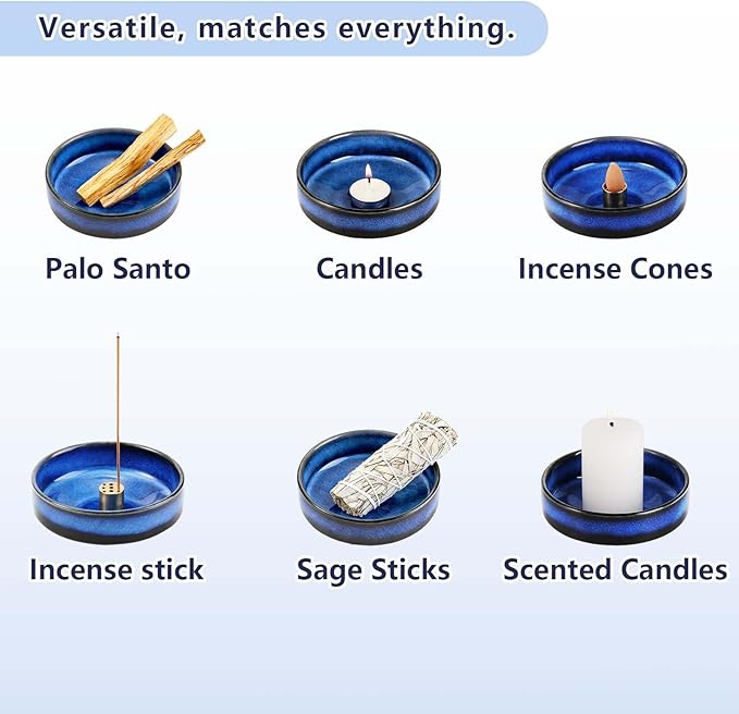 Blue Ceramic Incense Holder 4.5", 9-Hole Brass Base Multi-Functional Incense Burner & Tray, Fits Sticks/Sage/Palo Santo/Candles/Cones,for Meditation/Yoga/Energy Cleansing