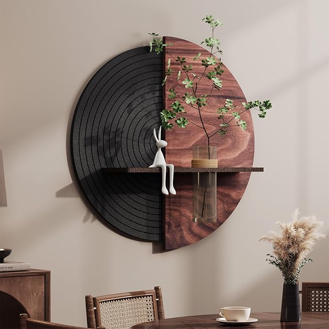 3D Textured Round Abstract Wall Art Decor With Shelf, Modern Minimalist Geometric Black Brown Artwork for Walls, Circle Sandstone Texture Wall Decor for Living Room, Hallway, Kitchen, Bedroom, Office