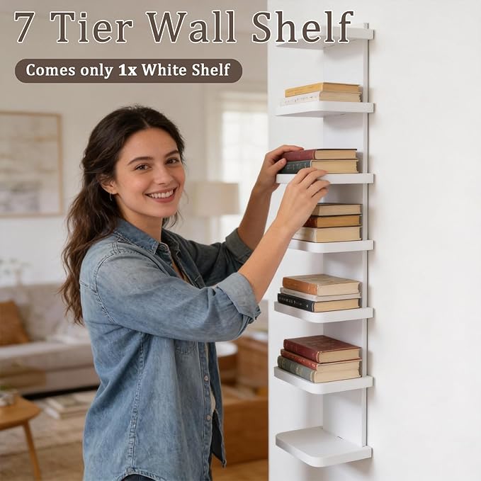 Versatile 7 Tier Wall Shelf Unit, Floating Shelves for Wall with Round Corner, Vertical Lack Wall Shelf for Bedroom Living Room Home Decor Display Organizer, White