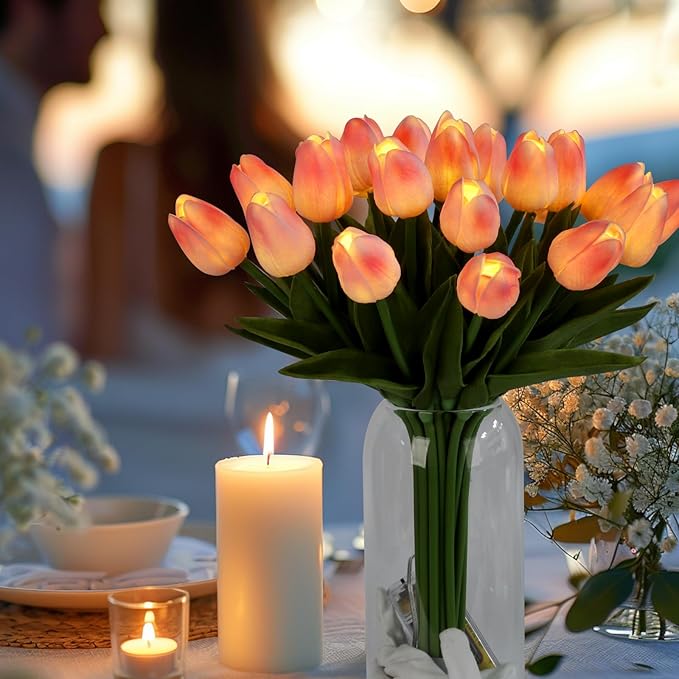 HOMESEASONS 20pcs Tulip Bouquet Lamp Artificial Flower Night Light Real Touch Tulip Night Lamp LED Flower Light Home Kitchen Decor(Pink)