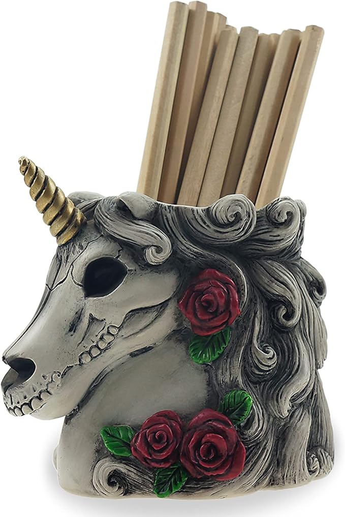 Gothic Unicorn Makeup Brush Holder Skull Gift for Women Adults Pen Organizer Halloween Decor Day Dead Goth Accessory