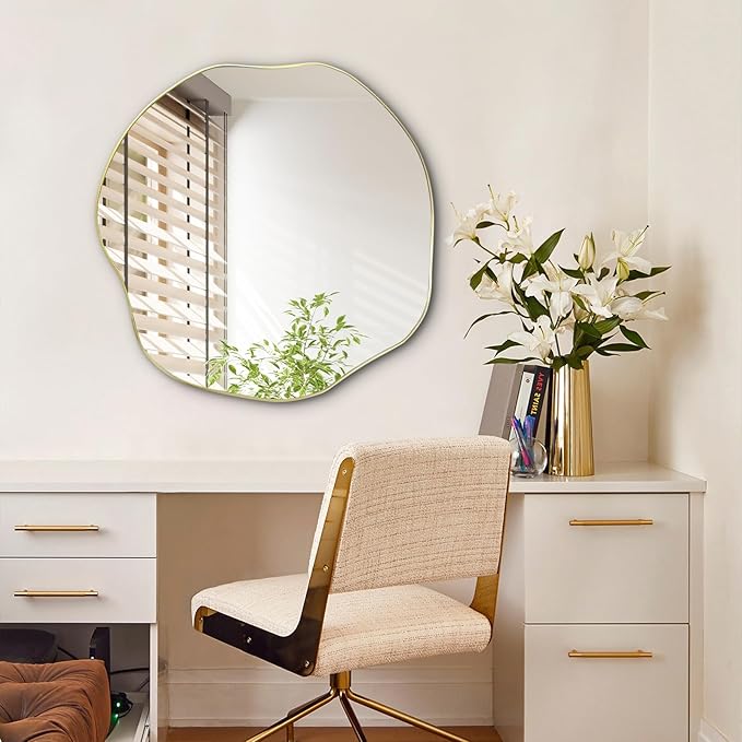 POZINO Gold Irregular Mirror, 30" Scalloped Rounded Mirrors, Asymmetrical Frameless Mirror, Modern Abstract Wall Mirrors for Living Room Bedroom Bathroom Entryway Hallway Fireplace