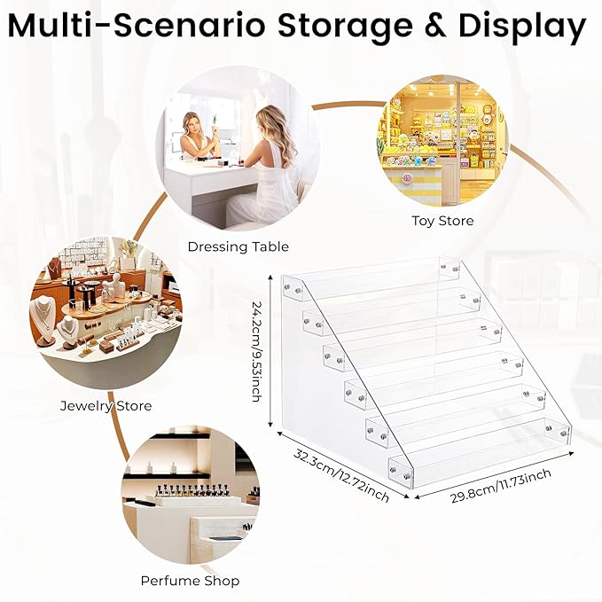 6 Tier Clear Display Shelf, Crystal Acrylic Organizer for Perfume, Makeup, Jewelry - Compact Desktop Display Stand with High Transparency, for Home, Office, Store Counter