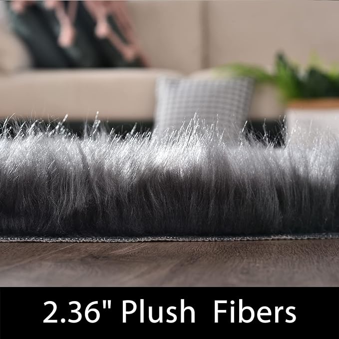 Latepis Living Room Rugs 6x9 Faux Sheepskin Fur Dark Grey Rug for Bedroom Fuzzy Fluffy Rug for Sofa Floor Entertainment Room Luxury Home Decor