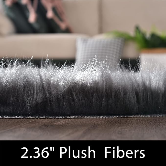 Latepis Dark Grey Faux Fur 4'x5'10" Area Rug, Soft Plush Faux Fur Sheepskin Rugs for Living Room, Washable Fluffy Fuzzy Rug for Bedroom and Living Room, Luxury Room Decor, Rectangle