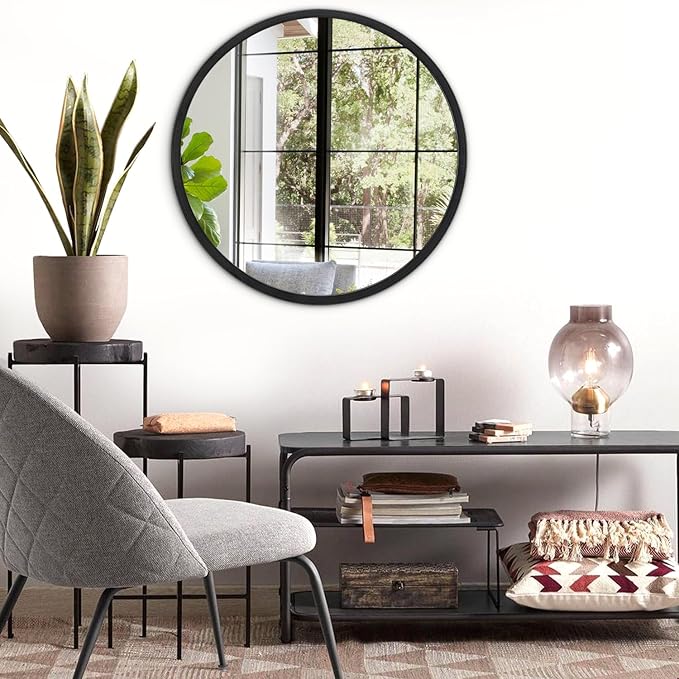 JJUUYOU Circle Wall Mirror 20 Inch for Home Decor Black Round Mirror for Bathroom Wall Mounted Metal Aluminum Frame Vanity Mirror for Living Room, Bedroom, Washroom, Dorm