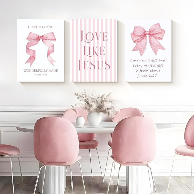 Dytila 3 Piece Pink Bows Wall Art for Girls Room, Bible Verse Pictures Bathroom Decor, Coquette Wall Artwork, Cute Teen Room Decoration, Dorm Decor for College, College Gifts for Girls 16x24 Inch