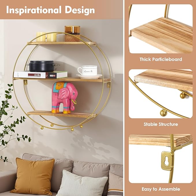 Joveco Round Wall Shelf Gold, 3 Tier Metal & Wood Circle Shelf Set, Round Shelves Wall Decor for Living Room,Bedroom,Bathroom (Gold)