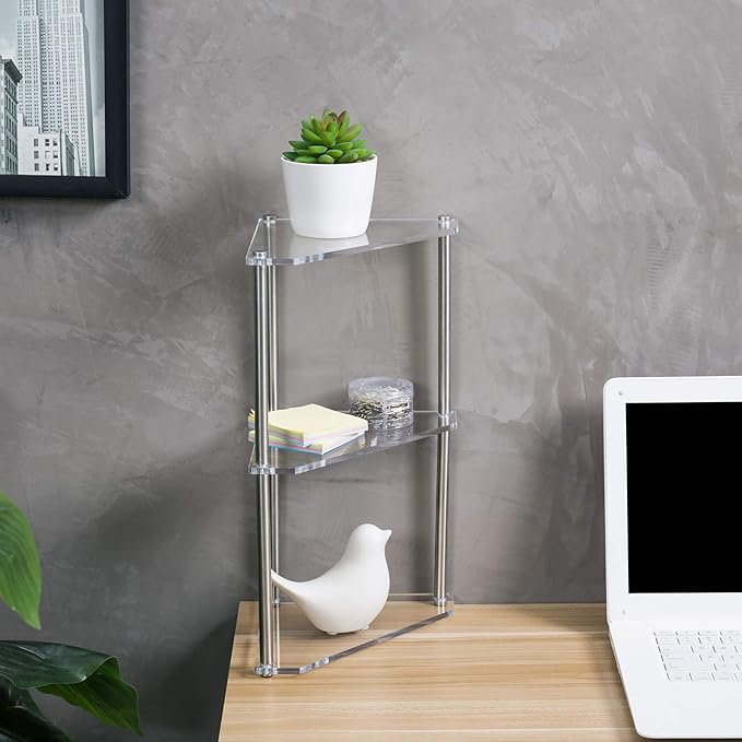MyGift 3 Tier Corner Shelf for Desk, Triangle Shelf Counter Storage Organizer Stand, Acrylic Corner Shelf Display for Bathroom, Office, Kitchen, Bedroom