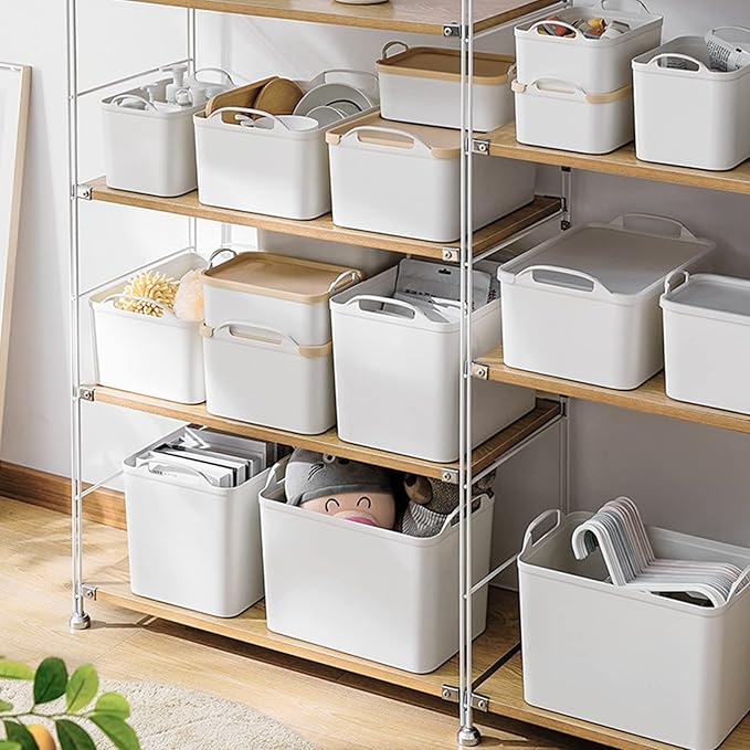 ANMINY 12PCS Plastic Storage Bins Containers with Lids, Large Storage Organization Bins Boxes, Lidded Plastic Storage Baskets for Closet Shelves Desktop, Wheat Lids, 2XL + 4L + 2M + 4S