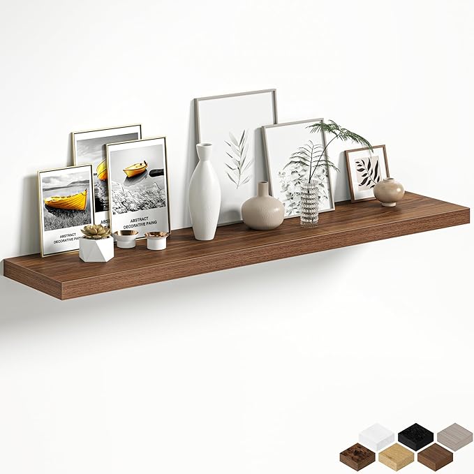 Walnut Floating Shelves for Wall, 55 Inch Floating Shelves Set of 1, Wall Mounted Rustic Wood Shelf for Bathroom, Living Room, Bedroom and Kitchen, Hanging Shelf for Storage, Books, Home Decor