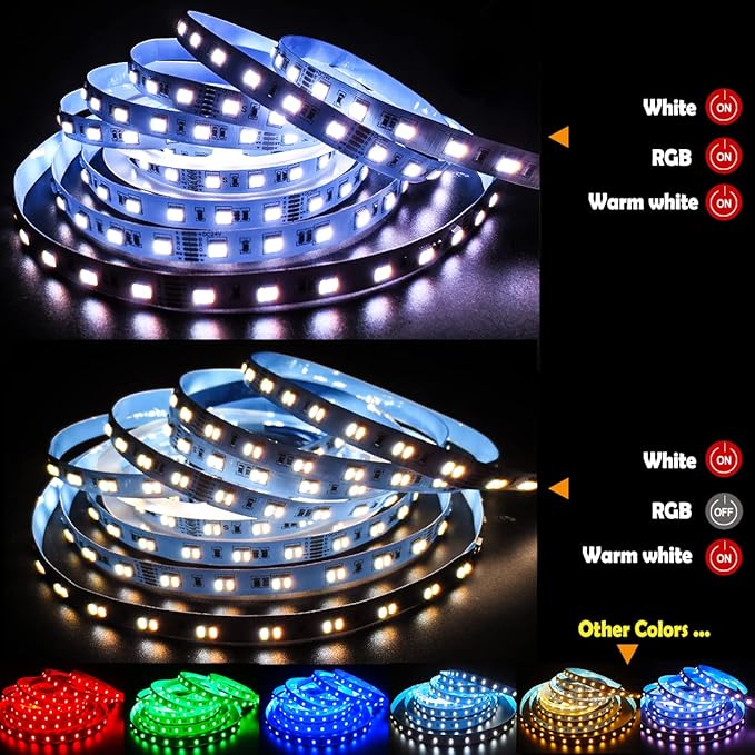 24V 5 in 1 LED Strip Lights RGB + CCT, RGB + White + Warm White (2800K to 6500K) RGBCW 5M Mixed Colour Adjustable Light Strips IP20 300 LEDs for Bedroom, Kitchen, Advertising Decoration