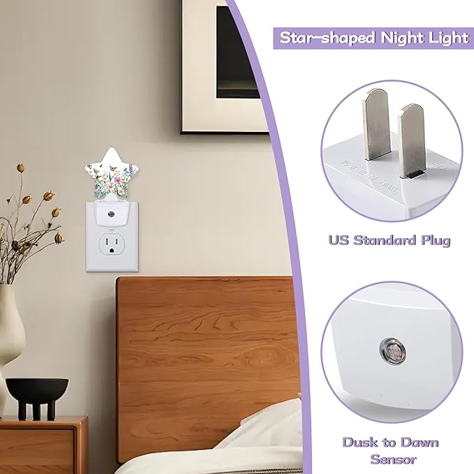 Nightlight,Butterfly Lavender Decorative Night Lights Plug Into Wall,Flowers Leaves Night Light with Auto Sensor for Bedroom,Nursery,Hallway,Stairway,Gifts