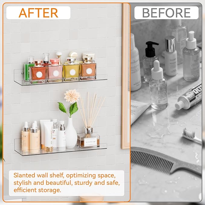4 Pack Clear Acrylic Shelves for Wall with Adhesive,15 Inch No Drill Floating Shelves for Bathroom,Bedroom,Renter Friendly,Kids Room Bookshelf,Wall Display Shelf for Lego,Funko Pop,Figurine,Perfume