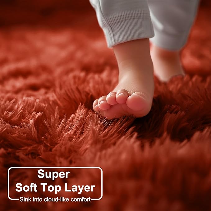 Amdrebio Terracotta Rust Area Rugs for Bedroom Living Room, Fluffy Shaggy Furry Fuzzy Rug 5x8 for Kids Room Decor Aesthetic, Modern Cute Plush Shag Rustic Carpet for Nursery Dorm Classroom Playroom