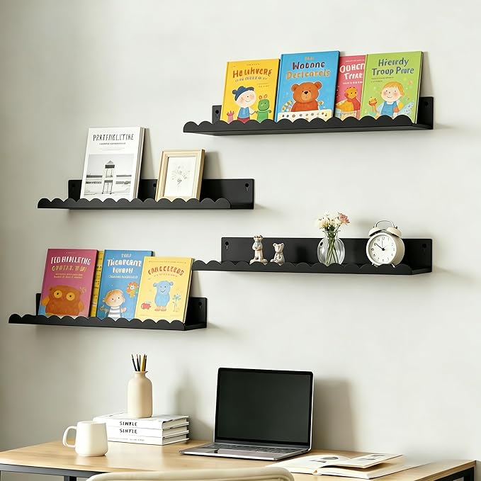 24 Inch Nursery Book Shelves Set of 4, Black Metal Floating Shelves for Wall, Scalloped Cloud Book Shelf for Kids Room, Bathroom, Bedroom, Playroom Wall Decor & Storage
