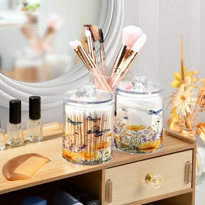 Nander 4Pack Beautiful Spring Wildflowers and Butterflies Qtip Holder Dispenser -Clear Plastic Apothecary Jars Set - Restroom Bathroom Makeup Organizers Containers for Cotton Swab, Ball, Pads, Floss