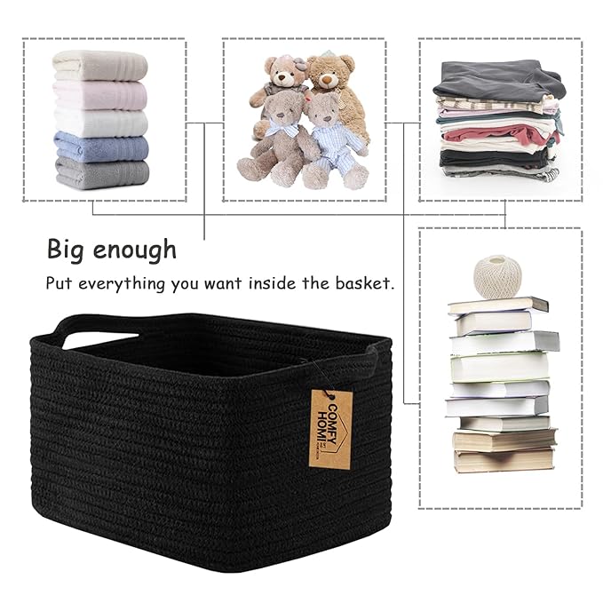 COMFY-HOMI 3PACK Cotton Rope Woven Basket With Handles for Shelves, Toy, Book, Cloth Storage Basket for Organizing|13.5" x 11" x 9.5" For Living Room（all Black）