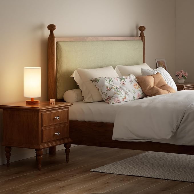 Fenmzee Small Table Lamp for Bedroom - Inline Control, Bedside Lamp with 3000K A15 LED Blub, Easy Assembly (White Shade - Walnut Base, 9" Inline Control)