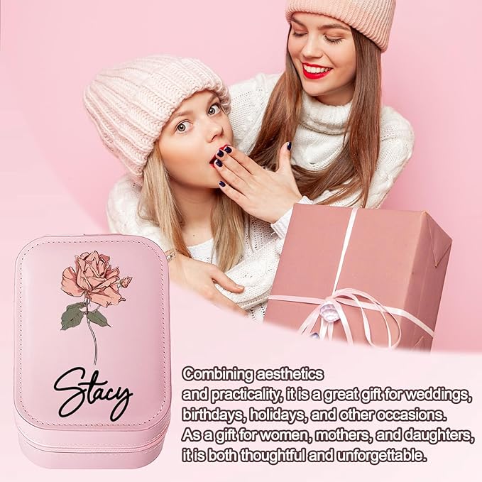 Personalized Travel Jewelry Case with LED Mirror, Custom Jewelry Box with Birth Flower & Name, Customized Leather Makeup bag, Portable Organizer Box Gifts for Women, Mother, Daughter