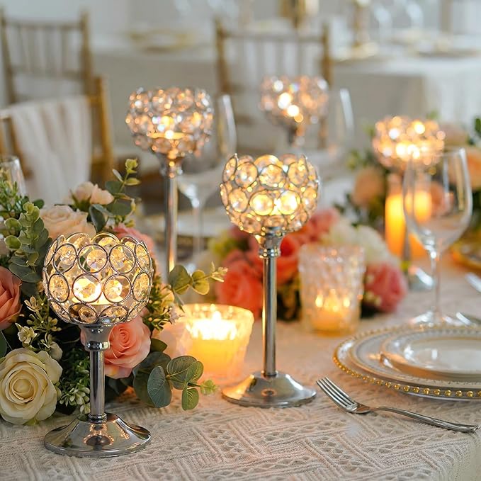 Set of 3 Silver Crystal Metal Tealight Candlestick, Bling Bowl Candelabras, Tall Votive Candle Holders Elegant Candle Centerpiece for Dining Table Wedding Decor