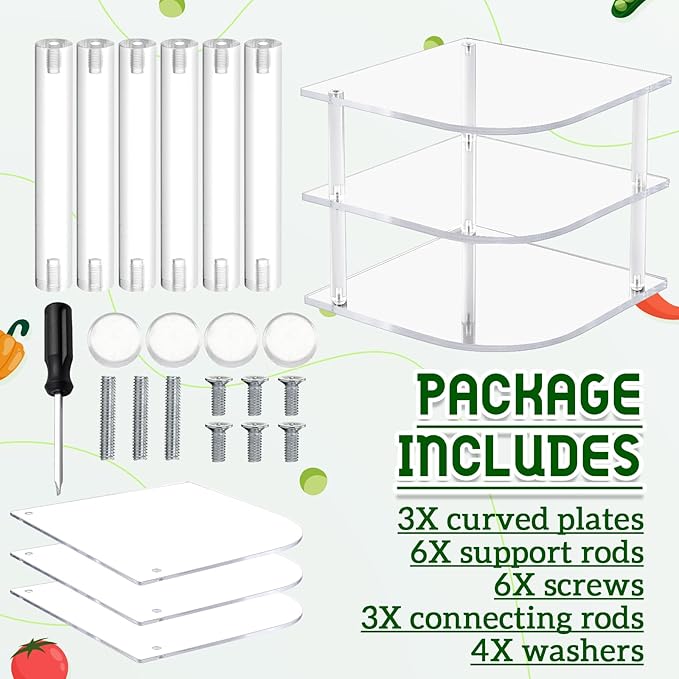 Vicenpal 3-Tier Plate Organizer for Cabinet, Clear Acrylic Corner Shelf for Dishes Bowls, Corner Rack for Kitchen Counter, Bathroom Storage, 10" D x 10" W x 8.82" H