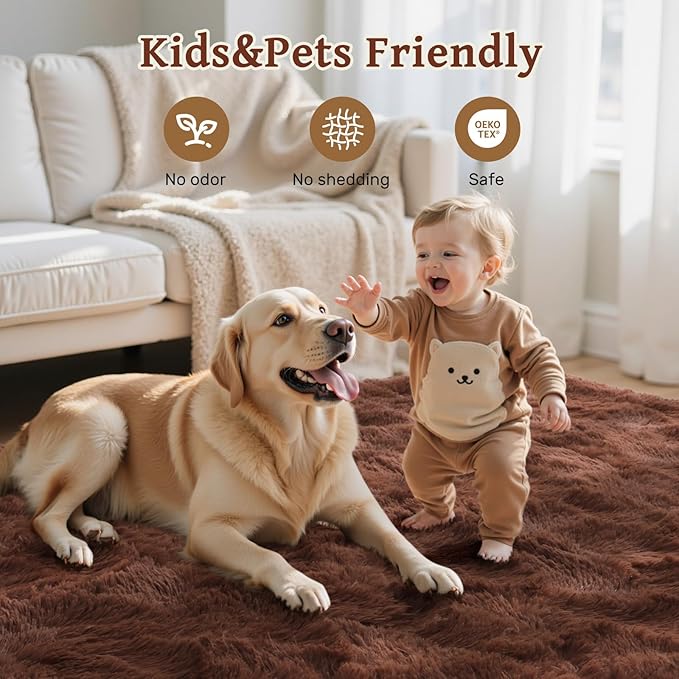 Coffee Brown 4x6 ft Fluffy Rug for Living Room,Fur Bedroom Area Rugs Non-Slip,Carpet for Nursery Kids PlayRoom Indoor Modern Plush Carpets