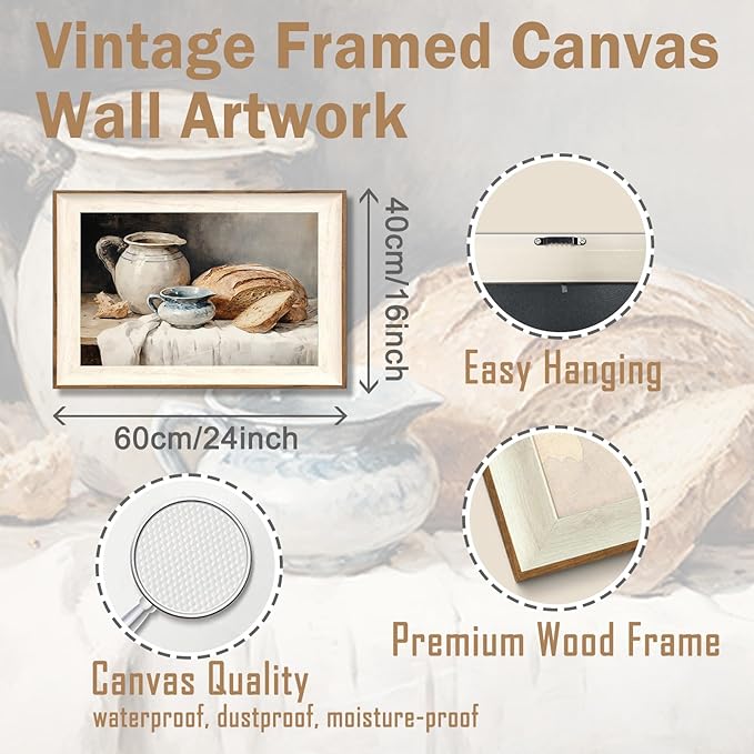 ASTRDECOR Framed Kitchen Wall Art, Modern Muted Still Life Painting Farmhouse Wall Decor, Sourdough Bread Canvas Art Prints, Rustic Jars White Tablecloth Country Wall Decor Living Room-16''x 24''