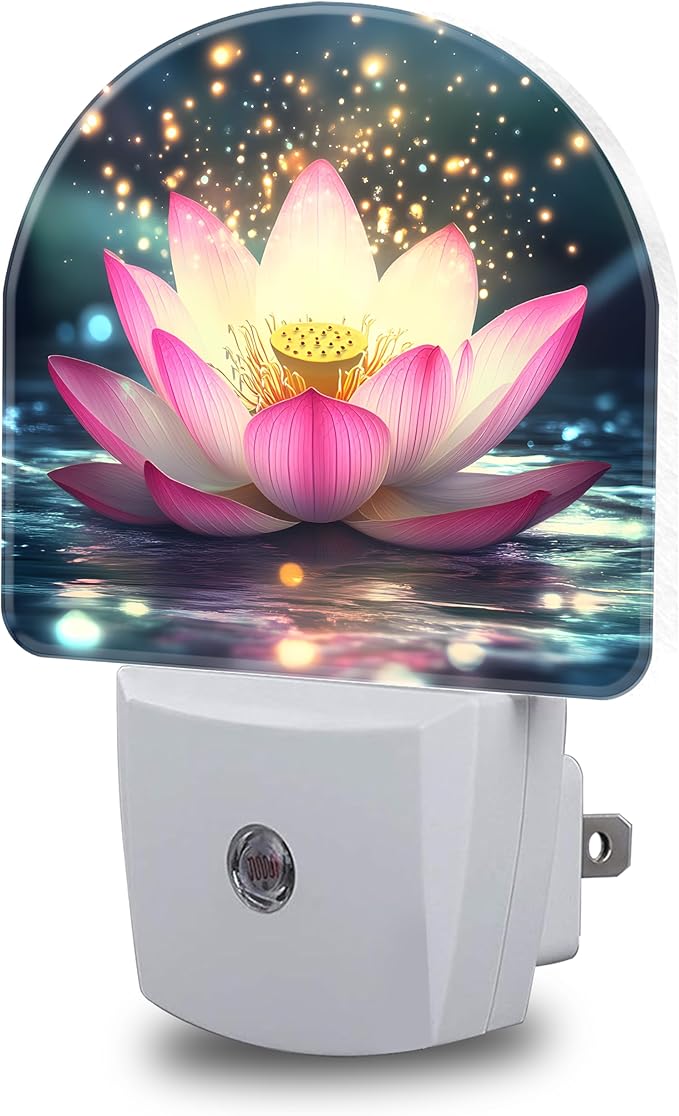 Night Lights Plug into Wall Sparkle Pink Lotus Night Light Dusk to Dawn Smart Sensor Decorative Round Led Lamp for Bedroom Kitchen Hallway Nightlight for Women Men