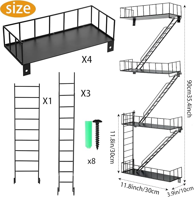 Zonon Fire Escape Wall Shelf Hanging Metal Ladder Shelves Wall Decor Cool Bookshelf Organizer Floating Shelves Action Figure Shelf for Home Bedroom Storage Display(Black,4 Tier)