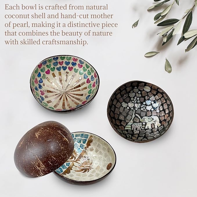 Decorative Storage Bowl with Mother of Pearl Inlays - Distinctive Coconut Shell Container for Entryway, Vanity, and Office Use (Elephant)