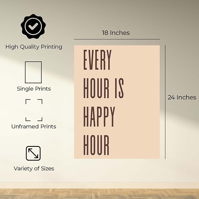 InkFlow Posters Every Hour Happy Hour Poster - Minimal Typography Quote Design - Neutral Beige Modern Print - Kitchen Bar Wall Decor - Contemporary Home Artwork - 18x24 Unframed Canvas Print