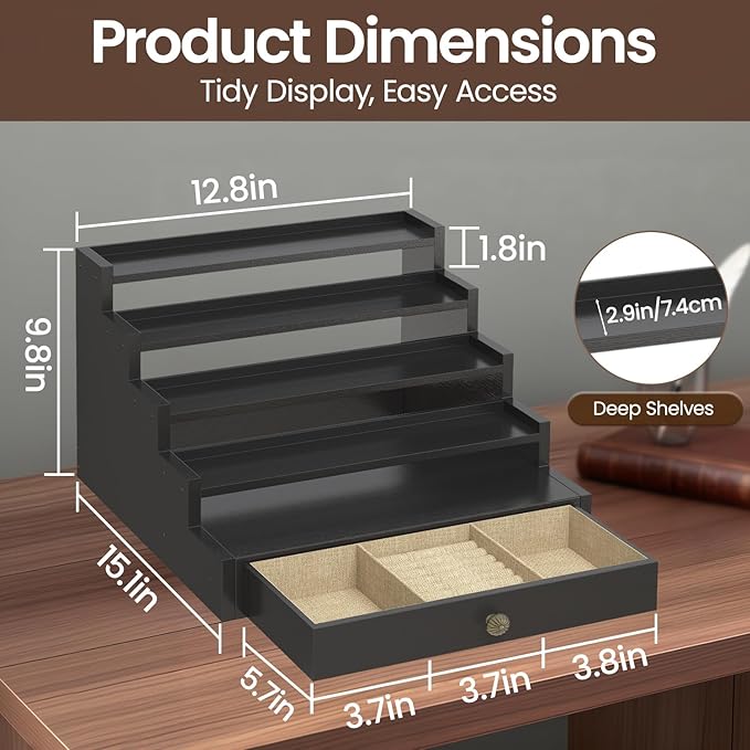 MODOWEY Perfume Organizer Cologne Holder Stand for Men, Wooden Wide-Spaced Shelf with Drawer, 5 Tier Large Capacity Storage Rack for Dresser Countertop, for a Neat, Accessible Fragrance Display, Black