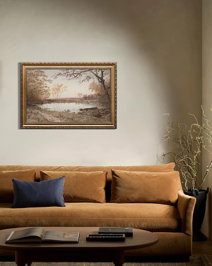 KBKBART Vintage Framed Wall Art for Living Room, French Country Decor Retro Rivers Muted Autumn Pond Landscape Oil Painting, Neutral Farmhouse Decor, Gold Framed Canvas Print, 16"x 24"