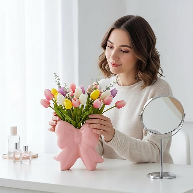 Jingmore Pink Bow Vase Coquette Ceramic Vase for Wedding Pen Holder Makeup Brush Holder Contemporary Design Decorative Women Gift for Home Office Shelf Table Room(Large, Classic)