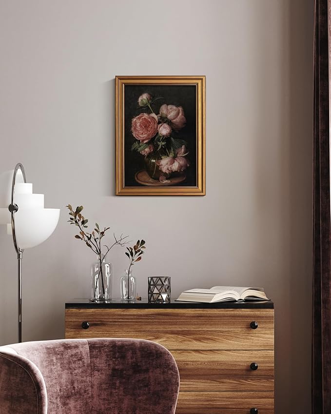 HUARCEY Framed Canvas Wall Art Prints, Bathroom Shelf Vintage Decor Aesthetic, Peony Floral Paintings Farmhouse Wall Decor, Retro Table Desk Decoration for Bedroom Living Room, 12x16Inch