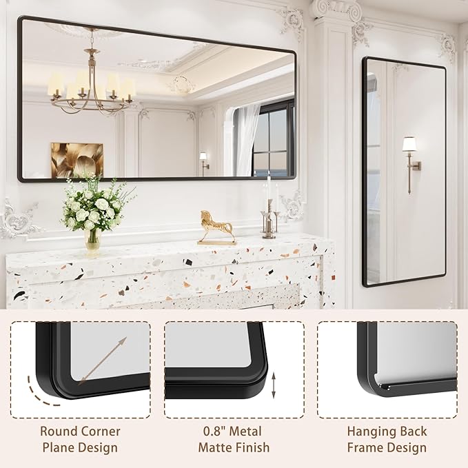 pertetey New Upgrade Bathroom Mirror, 60X30 Inch Black Metal Frame Wall Mounted Rounded Rectangle Bathroom Vanity Mirror with Tempered Glass for Washroom Bedroom Living Room
