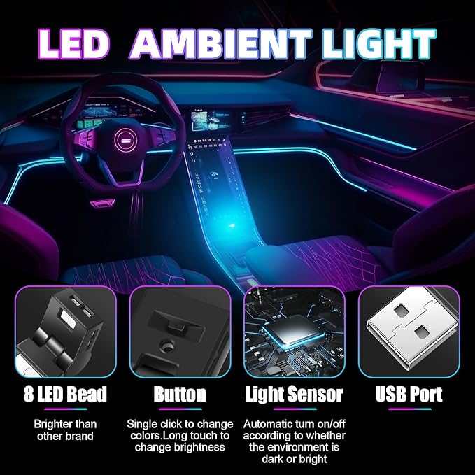 Frienda 2 Pcs Mini USB LED Light Car LED Interior Lighting 5v RGB Portable Ambient Lighting Adjustable 8 Color and Brightness Smart USB Night Lamp for Cars Laptop Keyboard Atmosphere, Type A