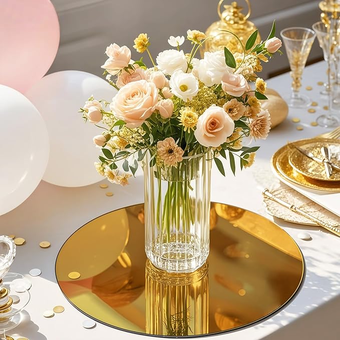 10PCS Gold Round Mirror Centerpieces for Tables Acrylic Circle Mirror Tray Candle Plate for DIY Craft Wedding Birthday Table Decorations Valentine Party Wall Decor (12inch/30cm)