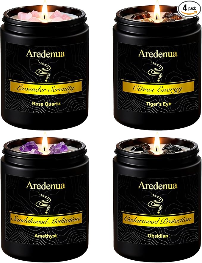 Scented Candles Set, 4 Pack Crystal Healing Candles with Rose Quartz Amethyst Tiger Eye Obsidian, 7oz Natural Soy Wax Candles, Lavender Citrus Sandalwood Cedar, Meditation Gifts for Women Men