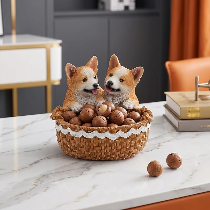 Dog Resin Storage Basket, Desktop Organizer for Remote & Keys, Cute Home Decor Tray, Ideal present for Pet Lovers.(Dual Corgi)
