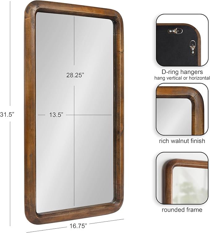 Kate and Laurel Pao Modern Rounded Rectangular Wall Mirror, 17 x 32, Walnut, Decorative Mid-Century Tall Wood Mirror with Radius Corners for Vertical or Horizontal Display